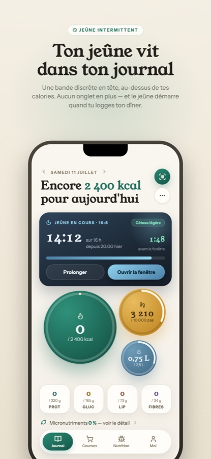 Écran de jeûne intermittent, intégré au journal.